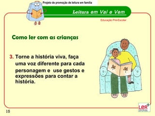 Projeto de promoção de leitura em família


                                        Leitura em Vai e Vem
                                                            Educação Pré-Escolar




     Como ler com as crianças


 3. Torne a história viva, faça
    uma voz diferente para cada
    personagem e use gestos e
    expressões para contar a
    história.




                                                                                   15
15
 