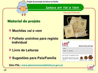 Projeto de promoção de leitura em família


                                           Leitura em Vai e Vem
                                                               Educação Pré-Escolar




     Material do projeto

       Mochilas vai e vem

       Folheto ursinhos para registo
       individual

       Livro de Leituras

       Sugestões para Pais/Família

     Sitio PNL: www.planonacionaldeleitura.gov.pt
                                                                                      19
19
 