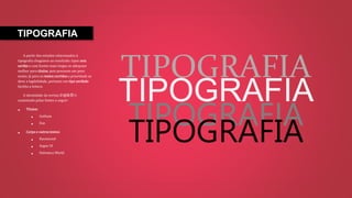 TIPOGRAFIA
A partir dos estudos relacionados à
tipografia chegamos ao resultado: tipos sem
serifas e com hastes mais largas se adequam
melhor para títulos, pois possuem um peso
maior, já para os textos corridos a prioridade se
deve a legibilidade, portanto um tipo serifado
facilita a leitura.
A identidade da revista O QUE É? é
sustentada pelas fontes a seguir:
• Títulos:
• Gotham
• Exo
• Corpo e outros textos:
• Baramond
• Segoe UI
• Helvetica World
TIPOGRAFIA
TIPOGRAFIA
TIPOGRAFIA
TIPOGRAFIA
 