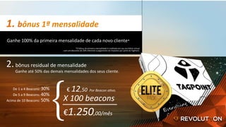 1.	bônus	1ª	mensalidade	
		€	12,50	Por	Beacon	a`vo.	
X	100	beacons	
€1.250,00/mês		
De	1	a	4	Beacons:	30%	
De	5	a	9	Beacons:	40%	
Acima	de	10	Beacons:	50%	
Ganhe	100%	da	primeira	mensalidade	de	cada	novo	cliente*	
{
*O	bônus	da	primeira	mensalidade	é	creditado	em	seu	escritório	virtual		
com	um	desconto	de	20%	referente	a	pagamento	de	impostos	por	parte	da	TagPoint.	
2.	bônus	residual	de	mensalidade	
									Ganhe	até	50%	das	demais	mensalidades	dos	seus	cliente.	
 