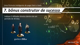 Uma	Fórmula	inteligente	de	pagar	bem	a	base.	
7.	bônus	construtor	de	sucesso	
ganhe	€	250,00		
Indique	2	Aﬁliados	diretos	dentro	de	um	
período	de	30	dias.	
 