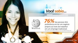 76%	
Você	sabia…	
																							das	pessoas	têm	
preferência	em	ter	um	negócio	
próprio	ao	invés	de	trabalhar	
em	um	emprego	tradicional.	
Dados	recrados	da	pesquisa	Millenials	and	the	future	of	work	survey	by	Millenials	Branding	e	ODesk	
 