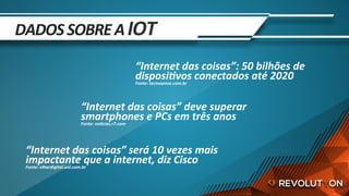 “Internet	das	coisas”	será	10	vezes	mais	
impactante	que	a	internet,	diz	Cisco	Fonte:	olhardigital.uol.com.br	
“Internet	das	coisas”	deve	superar	
smartphones	e	PCs	em	três	anos	Fonte:	noTcias.r7.com	
“Internet	das	coisas”:	50	bilhões	de	
disposiTvos	conectados	até	2020	Fonte:	tecnosense.com.br	
DADOS	SOBRE	A	IOT	
 