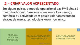 2 – CRIAR VALOR ACRESCENTADO
Em alguns países, o modelo operacional das PME ainda é
muito tradicional. Baseia-se numa única loja, serviço,
comércio ou actividade com pouco valor acrescentado
através da marca, tecnologia e know how único.
CONCENTRADO NAS
GRANDES EMPRESAS
POUCA CAPACIDADE DAS
PMES INOVAÇÃO
PORTUGAL
INOVADOR
MODERADO
MUITA VONTADE
G G
 