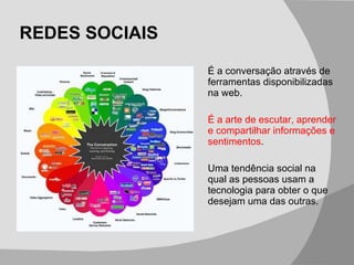 REDES SOCIAIS É a conversação através de ferramentas disponibilizadas na web. É a arte de escutar, aprender e compartilhar informações e sentimentos . Uma tendência social na qual as pessoas usam a tecnologia para obter o que desejam uma das outras. 