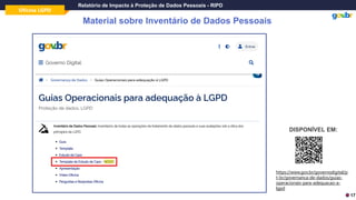 Oficina LGPD
Relatório de Impacto à Proteção de Dados Pessoais - RIPD
DISPONÍVEL EM:
Material sobre Inventário de Dados Pessoais
https://www.gov.br/governodigital/p
t-br/governanca-de-dados/guias-
operacionais-para-adequacao-a-
lgpd
17
 
