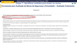 Oficina LGPD
Relatório de Impacto à Proteção de Dados Pessoais - RIPD
Etapa: 7. Identificar medidas para tratar os riscos
62
Ferramenta para Avaliação de Riscos de Segurança e Privacidade – Avaliação Tratamento
 