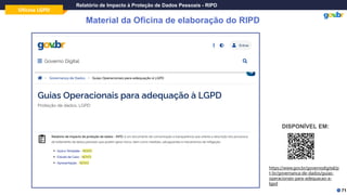 Oficina LGPD
Relatório de Impacto à Proteção de Dados Pessoais - RIPD
DISPONÍVEL EM:
Material da Oficina de elaboração do RIPD
https://www.gov.br/governodigital/p
t-br/governanca-de-dados/guias-
operacionais-para-adequacao-a-
lgpd
71
 
