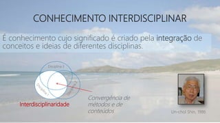 CONHECIMENTO INTERDISCIPLINAR
Un-chol Shin, 1986
É conhecimento cujo significado é criado pela integração de
conceitos e ideias de diferentes disciplinas.
Interdisciplinaridade
Convergência de
métodos e de
conteúdos
Disciplina 3
 