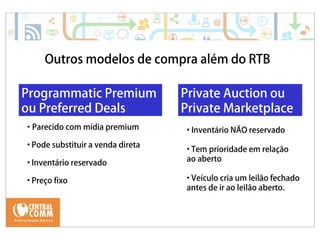 25/09/14 
Outros modelos de compra além do RTB 
Programmatic Premium 
ou Preferred Deals 
Private Auction ou 
Private Marketplace 
• Inventário NÃO reservado 
• Tem prioridade em relação 
ao aberto 
• Veículo cria um leilão fechado 
antes de ir ao leilão aberto. 
• Parecido com mídia premium 
• Pode substituir a venda direta 
• Inventário reservado 
• Preço fixo 
 