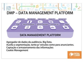 DMP – DATA MANAGEMENT PLATFORM 
Agregador de dados da audiência. Big Data. 
Auxilia a segmentação, tanto p/ veículos como para anunciantes. 
Captação e armazenamento das informações 
Cookie Management 
 
