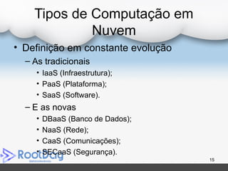 Tipos de Computação em
Nuvem
• Definição em constante evolução
– As tradicionais
• IaaS (Infraestrutura);
• PaaS (Plataforma);
• SaaS (Software).
– E as novas
• DBaaS (Banco de Dados);
• NaaS (Rede);
• CaaS (Comunicações);
• SECaaS (Segurança).
15
 