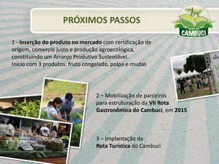 1 - Inserção do produto no mercado com certificação de
origem, comercio justo e produção agroecológica,
constituindo um Arranjo Produtivo Sustentável.
Início com 3 produtos: fruto congelado, polpa e mudas
2 – Mobilização de parceiros
para estruturação da VII Rota
Gastronômica do Cambuci, em 2015
3 – Implantação da
Rota Turística do Cambuci
PRÓXIMOS PASSOS
 