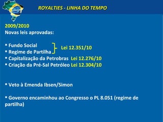 2009/2010 Novas leis aprovadas: Fundo Social Regime de Partilha Capitalização da Petrobras  Lei 12.276/10 Criação da Pré-Sal Petróleo  Lei 12.304/10 ROYALTIES - LINHA DO TEMPO Lei 12.351/10 Veto à Emenda Ibsen/Simon Governo encaminhou ao Congresso o PL 8.051 (regime de partilha) 