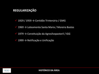 HISTÓRICO DA ÁREA
REGULARIZAÇÃO
 1929 / 1959 → Certidão Trintenária / GMG
 1969 → Loteamento Santa Maria / Moreira Bastos
 1979 → Constituição da Agrosilvopastoril / IGG
 1999 → Retificação e Unificação
 