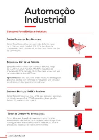 Automação Industrial08
Sensor Difuso com Feixe Direcional
Sensor fotoelétrico difuso com supressão de fundo, range
de 5....200 mm, sinal: Push-Pull, PNP, npn, frequência de
chaveamento: 1Khz, conexão: m8, m12 ou cabo, sensor com spot
de luz direcional.
Sensor com Spot de Luz Reduzido
Sensor fotoelétrico difuso com supressão de fundo, range
de 5....200 mm, sinal: Push-Pull, PNP, NPN; frequência de
chaveamento: 1Khz, conexão: m8, m12 ou cabo, sensor com spot
de luz reduzido de 4mm @100mm.
Aplicaçoes: Ideal para aplicações onde é necessária a detecção de
pequenos objetos, com tecnologia de redução de spot consegue-
se substituir em alguns casos sensores à Laser
Sensor de Detecção IP 69K – Aço Inox
Sensor Fotoelétrico em Aço Inox – 316L para aplicações agressivas,
certificado cleanproof+ e ECOLAB, para detecção de garrafas,
folhas < 20µm entre outros objetos.
Sensor de Detecção UV Luminescência
Sensor ideal para detecção de materiais com propriedades
luminescentes, com diversos perfis de ponto de luz, filtragens com
housing de metal este modelo compacto oferece tudo o que é
preciso para a detecção de objetos luminescentes.
Sensores Fotoelétricos e Indutivos
Automação
Industrial
 
