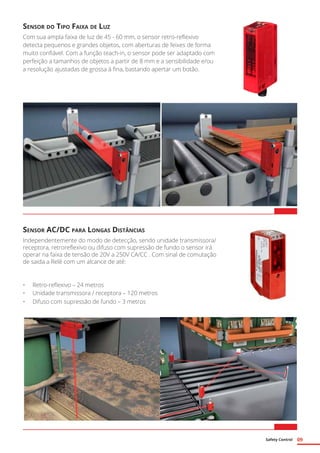 Safety Control 09
Sensor do Tipo Faixa de Luz
Com sua ampla faixa de luz de 45 - 60 mm, o sensor retro-reflexivo
detecta pequenos e grandes objetos, com aberturas de feixes de forma
muito confiável. Com a função teach-in, o sensor pode ser adaptado com
perfeição a tamanhos de objetos a partir de 8 mm e a sensibilidade e/ou
a resolução ajustadas de grossa á fina, bastando apertar um botão.
Sensor AC/DC para Longas Distâncias
Independentemente do modo de detecção, sendo unidade transmissora/
receptora, retroreflexivo ou difuso com supressão de fundo o sensor irá
operar na faixa de tensão de 20V a 250V CA/CC . Com sinal de comutação
de saida a Relé com um alcance de até:
•	 Retro-reflexivo – 24 metros
•	 Unidade transmissora / receptora – 120 metros
•	 Difuso com supressão de fundo – 3 metros
 