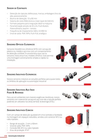 Automação Industrial010
Sensor de Contraste
•	 Detecção de cápsulas defeituosas, marcas, embalagens fora do
pão, posicionamento
•	 Alcance de detecção: 10 a 80 mm
•	 Sistema de cores RGB, branca e laser (spot de 0,8mm)
•	 	Formato pequeno para integração ideal na máquina
•	 	Parametrização através de IO-Link, Push-Button,
Potenciômetro, teachin - remoto
•	 	Frequência de chaveamento: 600 a 32.000 Hz
•	 	Sinal de saída: PNP, NPN, Push-Pull, analógica
Sensores Opticos Cilíndricos
Sensores fotoelétricos cilíndricos M18, com carcaça de
plástico ou metálico aço-inox com um comportamento
de detecção confiável. A característica que une os
sensores nesta área é seu modelo cilíndrico. Este permite
uma montagem extremamente simples e rápida na
instalação.
Sensores Indutivos Cilíndricos
Nossos sensores indutivos as soluções perfeitas para quase todos
os âmbitos de aplicação na automação industrial.
Sensores Indutivos Aço Inox
Food & Beverage
Para uso em ambientes com maiores exigências mecânicas, nossos
sensores com material da carcaça em aço inox são a solução perfeita
podendo ser utilizados nas áreas de food & beverage (316L).
Sensores Indutivos Cúbicos
Com um campo de detecção ajustável em cinco sentidos e facilidade
na montagem em espaços reduzidos, versões com conector M12 ou
cabo injetado.
•	 Range de atuação: 2 mm a 40mm
•	 Sinal de saída: PNP, NPN
•	 Conexão M8, M12 ou cabo injetado
•	 Grau de proteção: IP 67
 