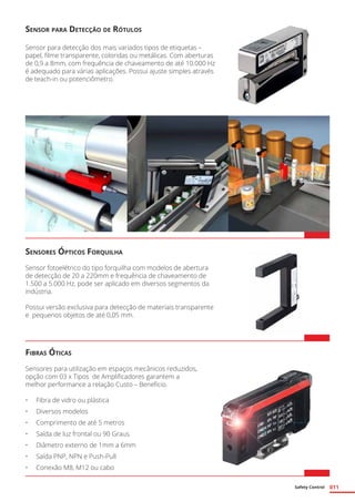 Safety Control 011
Sensor para Detecção de Rótulos
Sensor para detecção dos mais variados tipos de etiquetas –
papel, filme transparente, coloridas ou metálicas. Com aberturas
de 0,9 a 8mm, com frequência de chaveamento de até 10.000 Hz
é adequado para várias aplicações. Possui ajuste simples através
de teach-in ou potenciômetro.
Sensores Ópticos Forquilha
Sensor fotoelétrico do tipo forquilha com modelos de abertura
de detecção de 20 a 220mm e frequência de chaveamento de
1.500 a 5.000 Hz, pode ser aplicado em diversos segmentos da
indústria.
Possui versão exclusiva para detecção de materiais transparente
e pequenos objetos de até 0,05 mm.
Fibras Óticas
Sensores para utilização em espaços mecânicos reduzidos,
opção com 03 x Tipos de Amplificadores garantem a
melhor performance a relação Custo – Beneficio.
•	 Fibra de vidro ou plástica
•	 Diversos modelos
•	 Comprimento de até 5 metros
•	 Saída de luz frontal ou 90 Graus
•	 Diâmetro externo de 1mm a 6mm
•	 Saída PNP, NPN e Push-Pull
•	 Conexão M8, M12 ou cabo
 