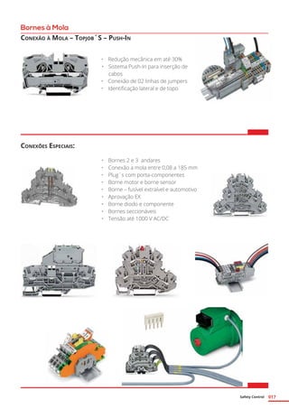 Safety Control 017
Bornes à Mola
Conexões Especiais:
Conexão à Mola – Topjob´S – Push-In
•	 Redução mecânica em até 30%
•	 Sistema Push-In para inserção de
cabos
•	 Conexão de 02 linhas de jumpers
•	 Identificação lateral e de topo
•	 Bornes 2 e 3 andares
•	 Conexão a mola entre 0,08 a 185 mm
•	 Plug´s com porta-componentes
•	 Borne motor e borne sensor
•	 Borne – fusível extraível e automotivo
•	 Aprovação EX
•	 Borne diodo e componente
•	 Bornes seccionáveis	
•	 Tensão até 1000 V AC/DC
 