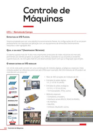 Controle de Máquinas030
Controle de
Máquinas
I/O´s - Remota de Campo
Estrutura de I/O Flexível
Sistema projetado para ser uma plataforma extremamente flexível. As configurações de I/O se encaixam
perfeitamente nos requisitos da aplicação com um equipamento de dimensões extremamente
reduzidas e valor agregado alto.
Qual a sua rede ? (Independent Network)
O sistema suporta mais de 16 dos mais importantes protocolos de redes industriais do mercado,
permitindo aos clientes projetar as soluções mais efetivas, baseado na sua arquitetura existente,
suporte local, etc. As instruções Add-On pré-desenvolvidas fazem com que a integração seja simples.
O menor sistema de I/O modular
Um nó de rede pode consistir em uma combinação de módulos digitais, analógicos e especiais. Estes
módulos podem ter diferentes potenciais (até 230Vca por exemplo). Até 250 módulos de I/O podem ser
inseridos em um único nó:
>	 Mais de 400 variações de módulos de I/O
>	 Entradas & saídas digitais	
	 • (1, 2, 4, 8 & 16 canais)
>	 Entradas & saídas analógicas
	 • 0-10 V, +/-10 V,4-20 mA,
	 • Termoacoplador, RTDs, outros
>	 Módulos especiais
	 • Contadores, encoders,
	 • Interfaces seriais (RS232, RS422 & RS485),
	 • AS Interface,
	 • DALI/DSI,
	 • EnOcean, Bluetooth, outros.
 