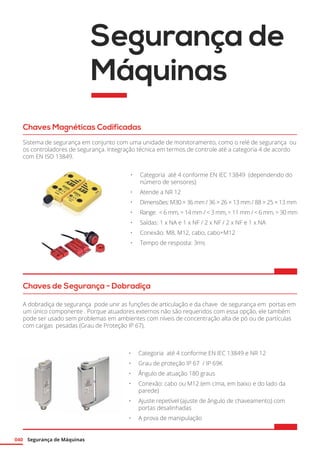 Segurança de Máquinas040
Segurança de
Máquinas
Chaves Magnéticas Codificadas
Sistema de segurança em conjunto com uma unidade de monitoramento, como o relé de segurança ou
os controladores de segurança. Integração técnica em termos de controle até a categoria 4 de acordo
com EN ISO 13849.
Chaves de Segurança - Dobradiça
A dobradiça de segurança pode unir as funções de articulação e da chave de segurança em portas em
um único componente . Porque atuadores externos não são requeridos com essa opção, ele também
pode ser usado sem problemas em ambientes com níveis de concentração alta de pó ou de partículas
com cargas pesadas (Grau de Proteção IP 67).
•	 Categoria até 4 conforme EN IEC 13849 e NR 12
•	 Grau de proteção IP 67 / IP 69K
•	 Ângulo de atuação 180 graus
•	 Conexão: cabo ou M12 (em cima, em baixo e do lado da
parede)
•	 Ajuste repetível (ajuste de ângulo de chaveamento) com
portas desalinhadas
•	 A prova de manipulação
•	 Categoria até 4 conforme EN IEC 13849 (dependendo do
número de sensores)
•	 Atende a NR 12
•	 Dimensões: M30 × 36 mm / 36 × 26 × 13 mm / 88 × 25 × 13 mm
•	 Range:  6 mm,  14 mm /  3 mm,  11 mm /  6 mm,  30 mm
•	 Saídas: 1 x NA e 1 x NF / 2 x NF / 2 x NF e 1 x NA
•	 Conexão: M8, M12, cabo, cabo+M12
•	 Tempo de resposta: 3ms
 