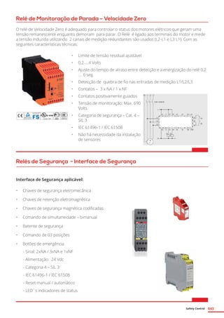 Safety Control 043
Relé de Monitoração de Parada – Velocidade Zero
O relé de Velocidade Zero é adequado para controlar o status dos motores elétricos que geram uma
tensão remanescente enquanto demoram para parar. O Relé é ligado aos terminais do motor e mede
a tensão induzida utilizando 2 canais de medição redundantes são usados ​​(L2-L1 e L3 L1). Com as
seguintes características técnicas:
•	 Limite de tensão residual ajustável
•	 0,2.....4 Volts
•	 Ajuste do tempo de atraso entre detecção e a energização do relé 0,2
.... 6 seg.
•	 Detecção de quebra de fio nas entradas de medição L1/L2/L3
•	 Contatos – 3 x NA / 1 x NF
•	 Contatos positivamente guiados
•	 Tensão de monitoração: Max. 690
Volts
•	 Categoria de segurança – Cat. 4 –
SIL 3
•	 IEC 61496-1 / IEC 61508
•	 Não há necessidade da instalação
de sensores
Relés de Segurança - Interface de Segurança
Interface de Segurança aplicável:
•	 Chaves de segurança eletromecânica
•	 Chaves de retenção eletromagnética
•	 Chaves de segurança magnética codificadas
•	 Comando de simultaneidade – bimanual
•	 Batente de segurança
•	 Comando de 03 posições
•	 Botões de emergência
- Sinal: 2xNA / 3xNA e 1xNF
- Alimentação: 24 Vdc
- Categoria 4 – SIL 3
- IEC 61496-1 / IEC 61508
- Reset manual / automático
- LED´s indicadores de status
 