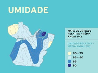 umidade

          MAPA DE UMIDADE
          RELATIVA – MÉDIA
          ANUAL (ºC)

          UMIDADE RELATIVA –
          MÉDIA ANUAL (%)

             80 – 75
             85 – 80
             85
             90
 