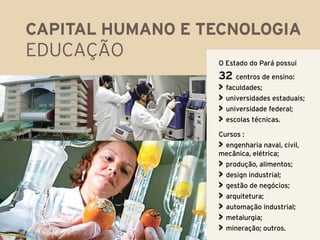 capital humano e tecnologia
EDUCAÇÃO          O Estado do Pará possui
                  32 centros de ensino:
                  >   faculdades;
                  >   universidades estaduais;
                  >   universidade federal;
                  >   escolas técnicas.

                  Cursos :
                  > engenharia naval, civil,
                  mecânica, elétrica;
                  >   produção, alimentos;
                  >   design industrial;
                  >   gestão de negócios;
                  >   arquitetura;
                  >   automação industrial;
                  >   metalurgia;
                  >   mineração; outros.
 
