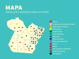 Mapa
produção agropecuária do pará


                                Cacau
                                Exploração da Biodiversidade
                                Exploração Florestal
                                Fruticultura
                                Gado Bovino
                                Gado Bubalino
                                Mandioca
                                Palma de Óleo
                                Pólo Agroindustrial
                                Fibras
                                Grãos
                                Recuperação Ambiental
                                Reflorestamento
                                Seringueira
 