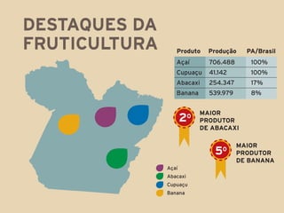 destaques da
fruticultura      Produto      Produção    PA/Brasil
                  Açaí         706.488      100%
                  Cupuaçu      41.142       100%
                  Abacaxi      254.347      17%
                  Banana       539.979      8%


                             maior
                      2  0
                             produtor
                             de abacaxi

                                         maior
                                 5   0
                                         produtor
                                         de banana
               Açaí
               Abacaxi
               Cupuaçu
               Banana
 