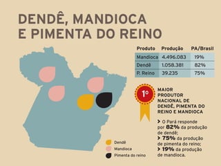 dendê, mandioca
e pimenta do reino
                       Produto     Produção     PA/Brasil
                       Mandioca 4.496.083         19%
                       Dendê       1.058.381      82%
                       P. Reino    39.235         75%


                                  maior
                          10
                                  produtor
                                  nacional de
                                  dendê, pimenta do
                                  reino e mandioca

                                  > O Pará responde
                                  por 82% da produção
                                  de dendê;
                                  > 75% da produção
            Dendê                 de pimenta do reino;
            Mandioca              > 19% da produção
            Pimenta do reino      de mandioca.
 