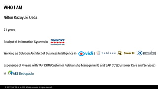 © 2017 SAP SE or an SAP affiliate company. All rights reserved.
WHO I AM
Nilton Kazuyuki Ueda
21 years
Student of Information Systems in
Working as Solution Architect of Business Intelligence in ( , , )
Experience of 4 years with SAP CRM(Customer Relationship Management) and SAP CCS(Customer Care and Services)
in
 