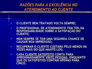 • O CLIENTE BEM TRATADO VOLTA SEMPRE;O CLIENTE BEM TRATADO VOLTA SEMPRE;
• O PROFISSIONAL DE ATENDIMENTO TEM 70% DAO PROFISSIONAL DE ATENDIMENTO TEM 70% DA
RESPONSABILIDADE SOBRE A SATISFAÇÃO DORESPONSABILIDADE SOBRE A SATISFAÇÃO DO
CLIENTE;CLIENTE;
• NEM SEMPRE SE TEM UMA SEGUNDA CHANCE DENEM SEMPRE SE TEM UMA SEGUNDA CHANCE DE
CAUSAR BOA IMPRESSÃO;CAUSAR BOA IMPRESSÃO;
• RECUPERAR O CLIENTE CUSTARÁ PELO MENOS 06RECUPERAR O CLIENTE CUSTARÁ PELO MENOS 06
VEZES MAIS DO QUE MANTÊ-LOS;VEZES MAIS DO QUE MANTÊ-LOS;
• CADACADA CLIENTE SATISFEITOCLIENTE SATISFEITO CONTA PARACONTA PARA
APROXIMADAMENTEAPROXIMADAMENTE VINTE PESSOASVINTE PESSOAS, ENQUANTO, ENQUANTO
QUE OS SATISFEITOS CONTAM APENAS PARAQUE OS SATISFEITOS CONTAM APENAS PARA
CINCO.CINCO.
RAZÕES PARA A EXCELÊNCIA NO
ATENDIMENTO AO CLIENTE
 