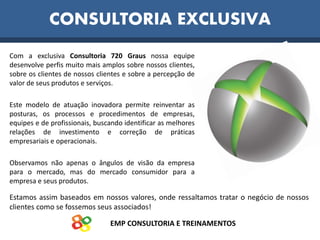 EMP CONSULTORIA E TREINAMENTOS
CONSULTORIA EXCLUSIVA
Com a exclusiva Consultoria 720 Graus nossa equipe
desenvolve perfis muito mais amplos sobre nossos clientes,
sobre os clientes de nossos clientes e sobre a percepção de
valor de seus produtos e serviços.
Este modelo de atuação inovadora permite reinventar as
posturas, os processos e procedimentos de empresas,
equipes e de profissionais, buscando identificar as melhores
relações de investimento e correção de práticas
empresariais e operacionais.
Observamos não apenas o ângulos de visão da empresa
para o mercado, mas do mercado consumidor para a
empresa e seus produtos.
Estamos assim baseados em nossos valores, onde ressaltamos tratar o negócio de nossos
clientes como se fossemos seus associados!
 