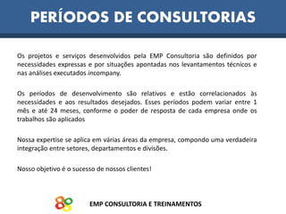 EMP CONSULTORIA E TREINAMENTOS
PERÍODOS DE CONSULTORIAS
Os projetos e serviços desenvolvidos pela EMP Consultoria são definidos por
necessidades expressas e por situações apontadas nos levantamentos técnicos e
nas análises executados incompany.
Os períodos de desenvolvimento são relativos e estão correlacionados às
necessidades e aos resultados desejados. Esses períodos podem variar entre 1
mês e até 24 meses, conforme o poder de resposta de cada empresa onde os
trabalhos são aplicados
Nossa expertise se aplica em várias áreas da empresa, compondo uma verdadeira
integração entre setores, departamentos e divisões.
Nosso objetivo é o sucesso de nossos clientes!
 