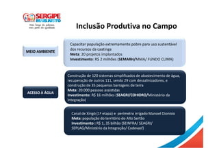 Inclusão Produtiva no Campo
MEIO AMBIENTEMEIO AMBIENTE
ACESSO À ÁGUA
Capacitar população extremamente pobre para uso sustentável
dos recursos da caatinga
Meta: 20 projetos implantados
Investimento: R$ 2 milhões (SEMARH/MMA/ FUNDO CLIMA)
Construção de 120 sistemas simplificados de abastecimento de água,
recuperação de outros 111, sendo 29 com dessalinizadores, e
construção de 35 pequenas barragens de terra
Meta: 20.000 pessoas assistidas
Investimento: R$ 16 milhões (SEAGRI/COHIDRO/Ministério da
Integração)
Canal de Xingó (1ª etapa) e perímetro irrigado Manoel Dionísio
Meta: população do território do Alto Sertão
Investimento : R$ 1, 35 bilhão (SEINFRA/ SEAGRI/
SEPLAG/Ministério da Integração/ Codevasf)
 