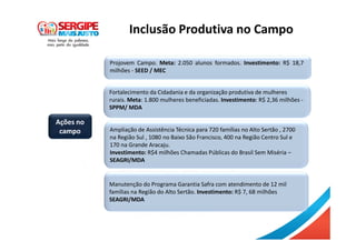 Projovem Campo. Meta: 2.050 alunos formados. Investimento: R$ 18,7
milhões - SEED / MEC
Ações no
campo
Fortalecimento da Cidadania e da organização produtiva de mulheres
rurais. Meta: 1.800 mulheres beneficiadas. Investimento: R$ 2,36 milhões -
SPPM/ MDA
Ampliação de Assistência Técnica para 720 famílias no Alto Sertão , 2700
na Região Sul , 1080 no Baixo São Francisco, 400 na Região Centro Sul e
170 na Grande Aracaju.
Investimento: R$4 milhões Chamadas Públicas do Brasil Sem Miséria –
SEAGRI/MDA
Manutenção do Programa Garantia Safra com atendimento de 12 mil
famílias na Região do Alto Sertão. Investimento: R$ 7, 68 milhões
SEAGRI/MDA
Inclusão Produtiva no Campo
 