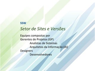 SSW
Setor de Sites e Versões
Equipes compostas por
Gerentes de Projetos (GP)
       Analistas de Sistemas
       Arquitetos da Informação (AI)
Designers
       Desenvolvedores
 