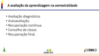 A avaliação da aprendizagem na semestralidade
• Avaliação diagnóstica.
• Autoavaliação.
• Recuperação contínua.
• Conselho de classe.
• Recuperação final.
 