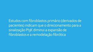 Estudos com fibroblastos primário (derivados de
pacientes) indicam que o direcionamento para a
sinalização PI3K diminui a expansão de
fibroblastos e a remodelação fibrótica
CL27c diminui os níveis de mRNA de
Tgfb1,Ctgf,Colla1,Mmp2 (modulação dos processos
 