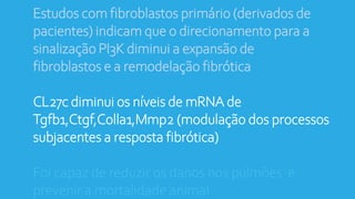 Estudos com fibroblastos primário (derivados de
pacientes) indicam que o direcionamento para a
sinalização PI3K diminui a expansão de
fibroblastos e a remodelação fibrótica
CL27c diminui os níveis de mRNA de
Tgfb1,Ctgf,Colla1,Mmp2 (modulação dos processos
subjacentes a resposta fibrótica)
Foi capaz de reduzir os danos nos pulmões e
prevenir a mortalidade animal
 