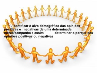                                              1. Identificar o alvo demográfico das opiniões positivas e   negativas de uma determinada marca/campanha e assim            determinar o porquê das opiniões positivas ou negativas  