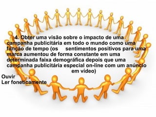                                          4. Obter uma visão sobre o impacto de uma campanha publicitária em todo o mundo como uma função de tempo (os     sentimentos positivos para uma marca aumentou de forma constante em uma determinada faixa demográfica depois que uma campanha publicitária especial on-line com um anúncio                                             em vídeo) Ouvir Ler foneticamente      