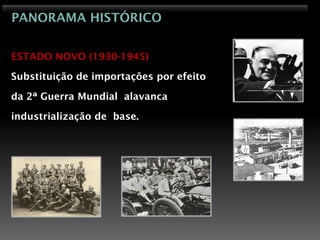 PANORAMA HISTÓRICO


ESTADO NOVO (1930-1945)

Substituição de importações por efeito

da 2ª Guerra Mundial alavanca

industrialização de base.
 