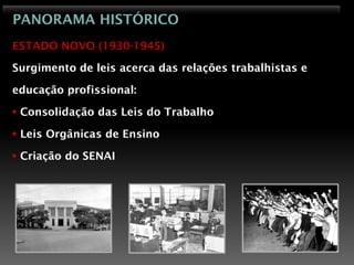 PANORAMA HISTÓRICO
ESTADO NOVO (1930-1945)

Surgimento de leis acerca das relações trabalhistas e

educação profissional:

 Consolidação das Leis do Trabalho

 Leis Orgânicas de Ensino

 Criação do SENAI
 