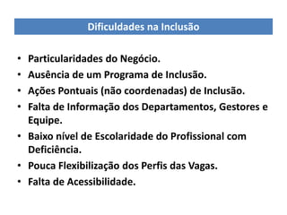Dificuldades na Inclusão

• Particularidades do Negócio.
• Ausência de um Programa de Inclusão.
• Ações Pontuais (não coordenadas) de Inclusão.
• Falta de Informação dos Departamentos, Gestores e
  Equipe.
• Baixo nível de Escolaridade do Profissional com
  Deficiência.
• Pouca Flexibilização dos Perfis das Vagas.
• Falta de Acessibilidade.
 
