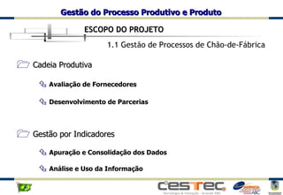 Cadeia Produtiva Avaliação de Fornecedores Desenvolvimento de Parcerias Gestão por Indicadores Apuração e Consolidação dos Dados Análise e Uso da Informação 1.1 Gestão de Processos de Chão-de-Fábrica ESCOPO DO PROJETO 