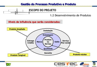 1.2 Desenvolvimento de Produtos Níveis de Influência que serão considerados : Produto ou Serviço Embalagem Marca Qualidade Estilo Garantia Instalação Entrega Crédito Serviço Pós-venda Produto-núcleo Produto Tangível Produto Ampliado ESCOPO DO PROJETO 