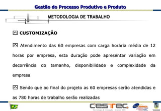 CUSTOMIZAÇÃO Atendimento das 60 empresas com carga horária média de 12 horas por empresa, esta duração pode apresentar variação em decorrência do tamanho, disponibilidade e complexidade da empresa Sendo que ao final do projeto as 60 empresas serão atendidas e as 780 horas de trabalho serão realizadas METODOLOGIA DE TRABALHO 